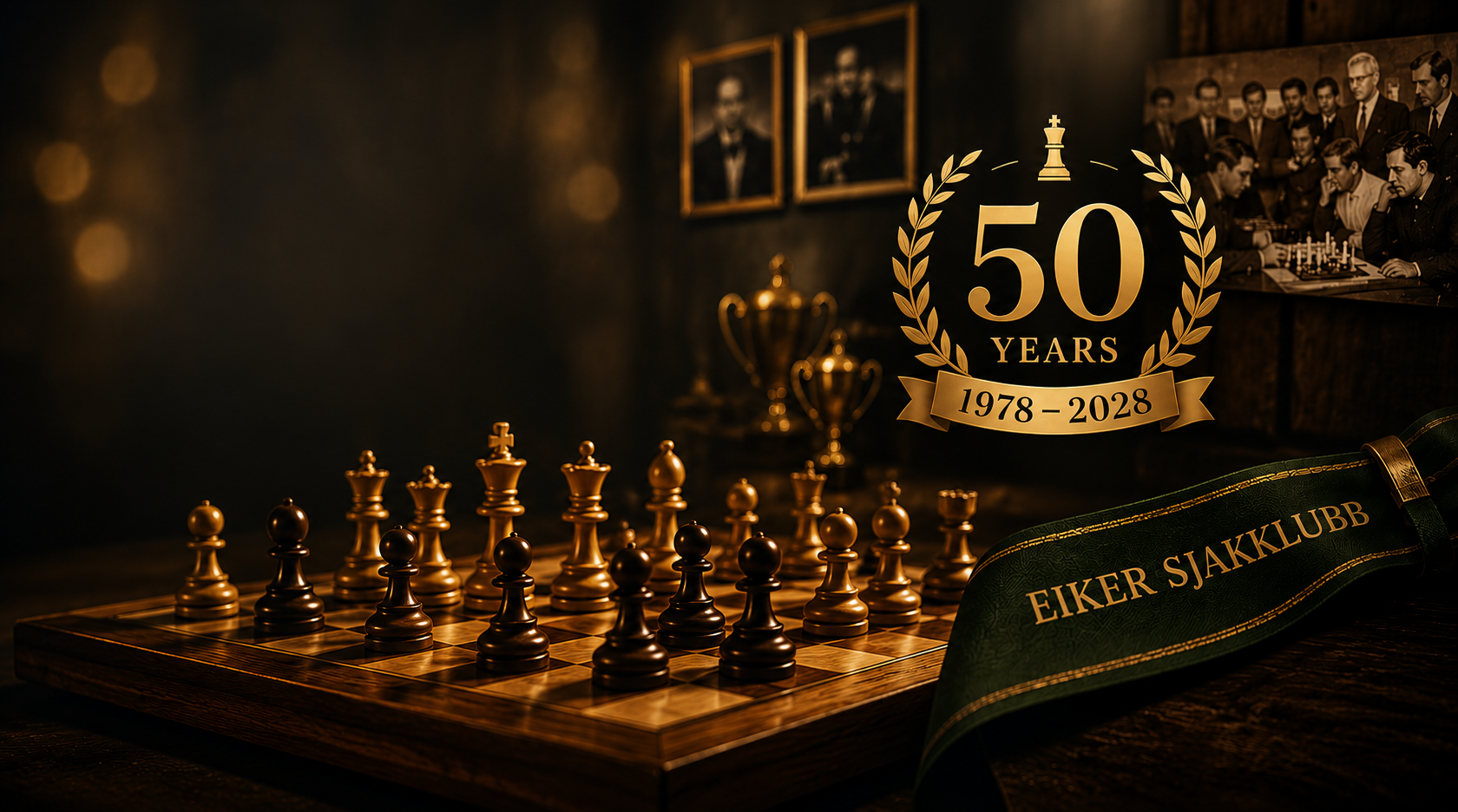 Golden chess set on a wooden board at sunset, with a 50 Years 1978-2028 anniversary emblem, celebrating Eiker Sjakklubb's 50th anniversary