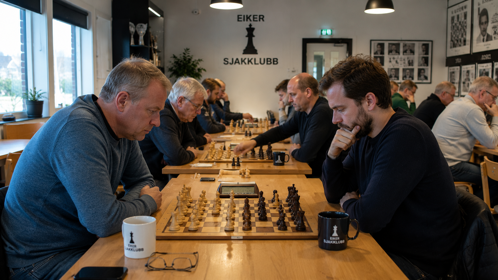 Adult members playing chess at Eiker Sjakklubb