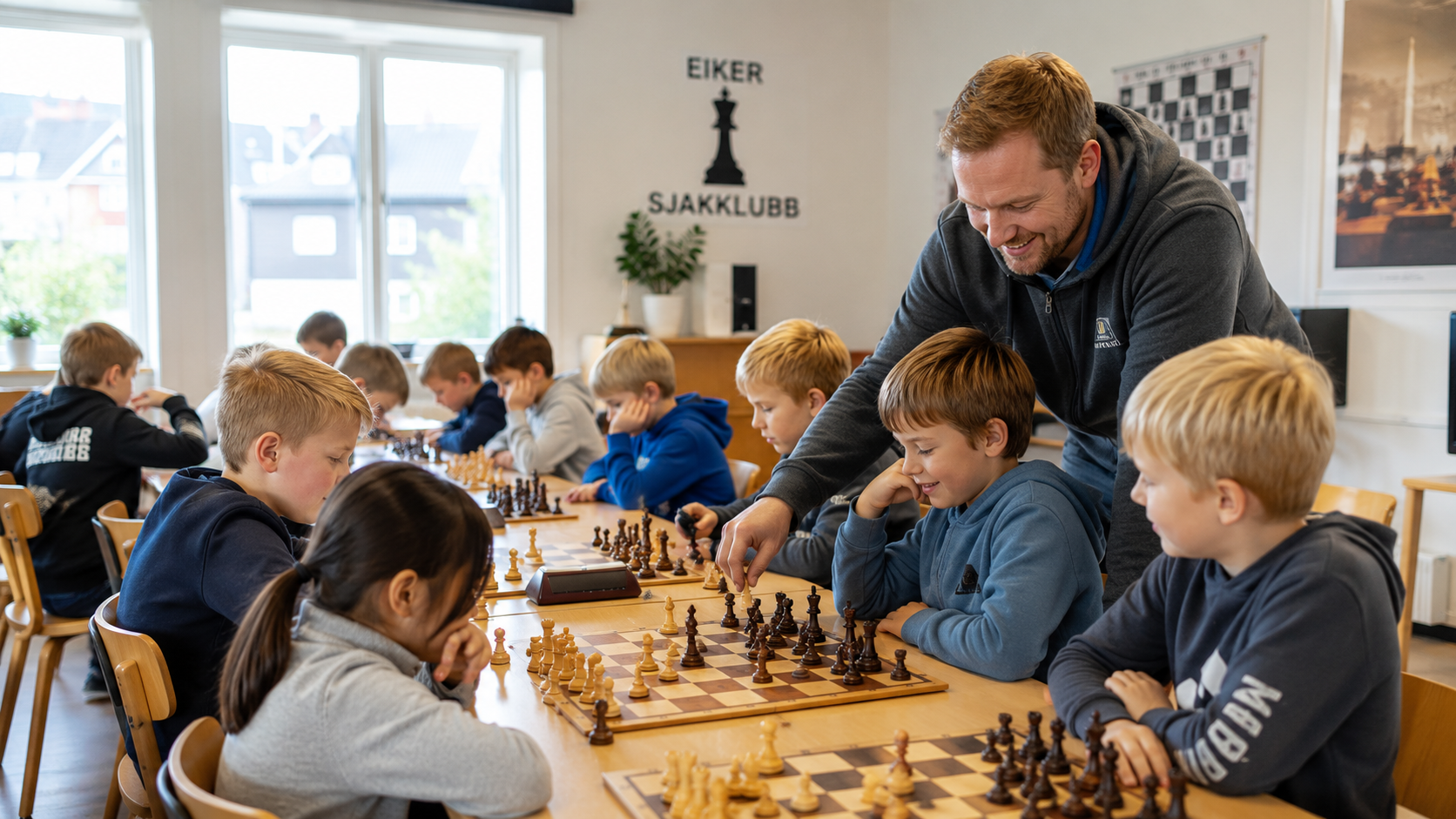 Children learning chess with a coach at Eiker Sjakklubb